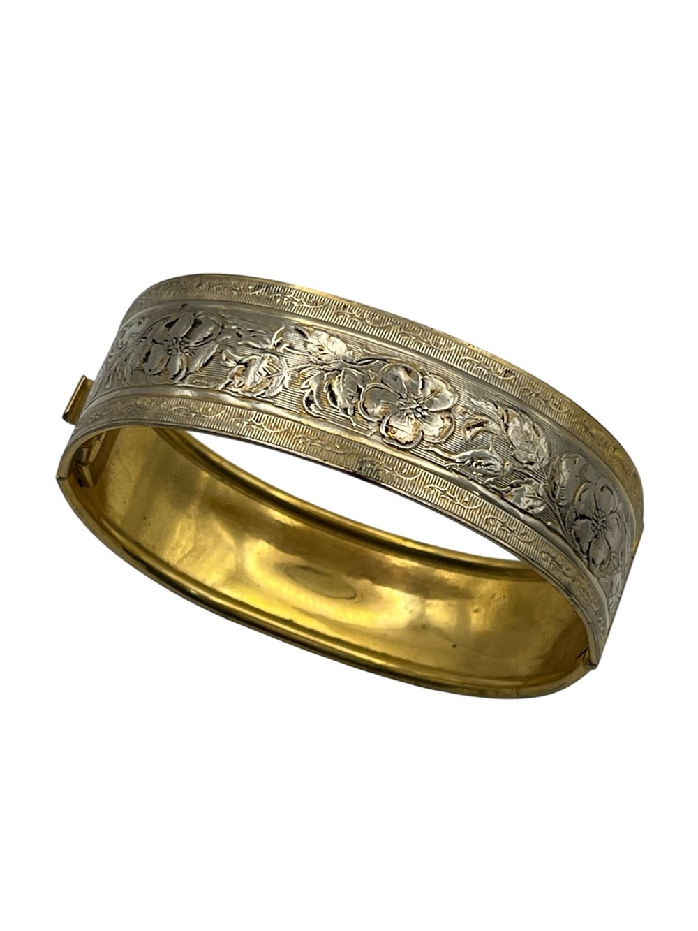 Victorian floral engraved flower gold & silver tone vintage clamper bracelet